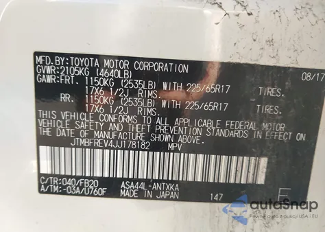 2018 Toyota Rav4 Le из США, поврежденный, VIN JTMBFREV4JJ178182